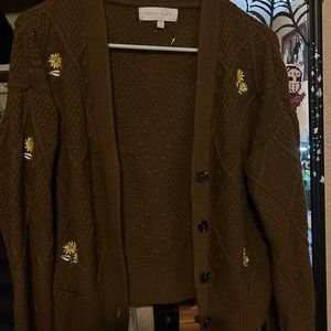 Knit Brown Yellow Flowers Cardigan